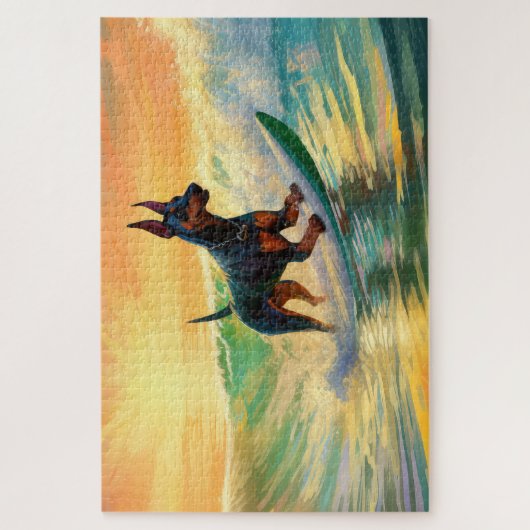 Doberman Beach Surfing Painting Puzzle (Vertikal)