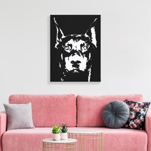 Doberman Black & White Wrapped Canvas Print Leinwanddruck (Insitu (Wohnzimmer))