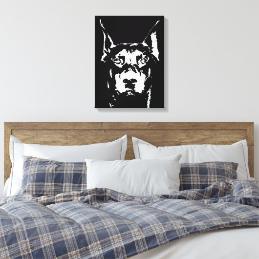 Doberman Black & White Wrapped Canvas Print Leinwanddruck (Insitu (Schlafzimmer))