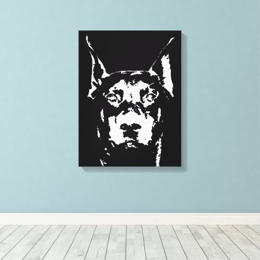 Doberman Black & White Wrapped Canvas Print Leinwanddruck (Insitu (Holzboden))