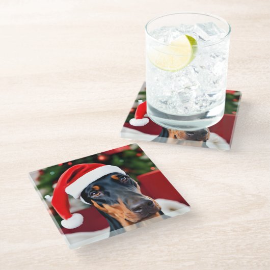 Doberman Christmas Glasuntersetzer (Schrägansicht)