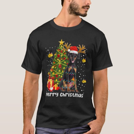 Doberman Christmas Lights Tree Santa Xmas Pajamas T-Shirt (Vorderseite)