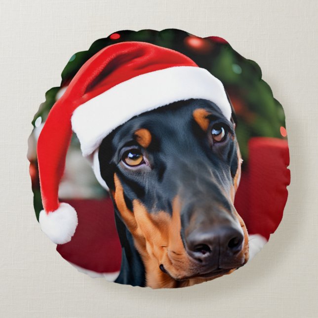 Doberman Christmas Rundes Kissen (Vorderseite)