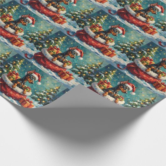 Doberman Christmas Santa Bag Adventure Geschenkpapier (Ecke)