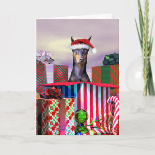 Doberman Christmas Surprise Feiertagskarte