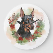 Doberman Christmas Wreath Festivals Große Wanduhr (Vorderseite)