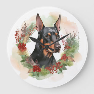 Doberman Christmas Wreath Festivals Große Wanduhr