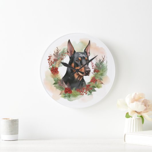 Doberman Christmas Wreath Festivals Große Wanduhr (Zuhause)