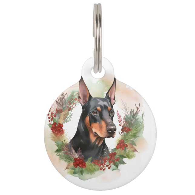 Doberman Christmas Wreath Festivals Haustiermarke (Vorderseite)