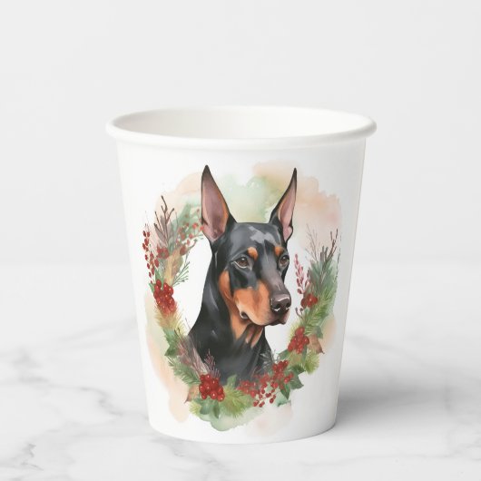 Doberman Christmas Wreath Festivals Pappbecher (Rückseite)