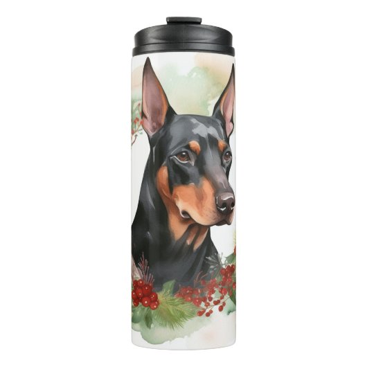 Doberman Christmas Wreath Festivals Thermosbecher (Vorderseite)