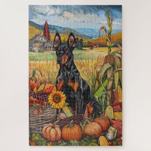 Doberman Dog Autumn Harvest Erntedank Puzzle (Vertikal)