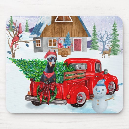 Doberman Dog in Christmas Delivery LKW Schnee Mousepad (Vorne)