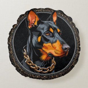 Doberman Dog in einem Verzierten Circle Frame Rundes Kissen