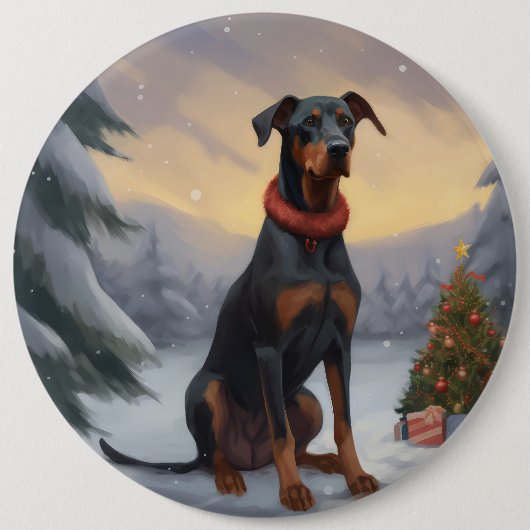 Doberman Dog in Schnee Weihnachten Button (Vorderseite)