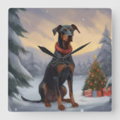 Doberman Dog in Schnee Weihnachten Quadratische Wanduhr (Vorderseite)