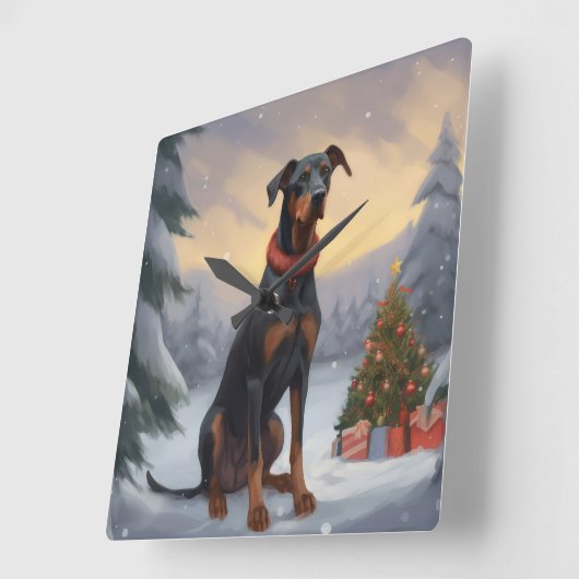 Doberman Dog in Schnee Weihnachten Quadratische Wanduhr (Winkel)