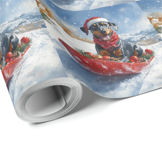 Doberman Dog in Sledge Lass es Schnee Weihnachten Geschenkpapier (Rolleneckpunkt)