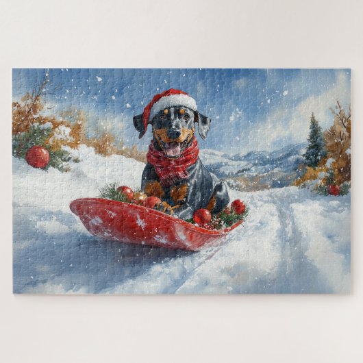 Doberman Dog in Sledge Lass es Schnee Weihnachten Puzzle (Horizontal)