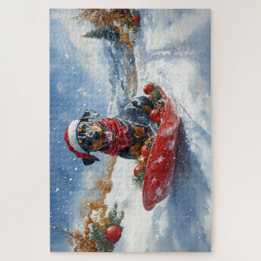 Doberman Dog in Sledge Lass es Schnee Weihnachten Puzzle (Vertikal)