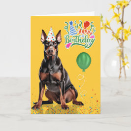 Doberman Dog Party Hat Yellow Birthday Karte