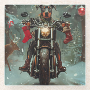 Doberman Dog Riding Motorrad Weihnachten Glasuntersetzer