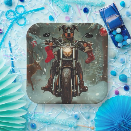 Doberman Dog Riding Motorrad Weihnachten Pappteller (Party)