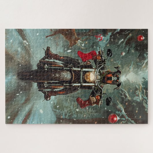 Doberman Dog Riding Motorrad Weihnachten Puzzle (Horizontal)