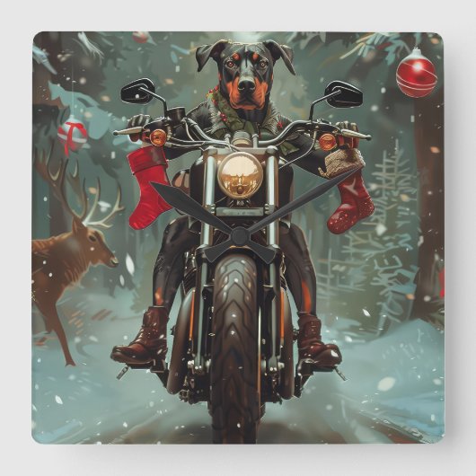 Doberman Dog Riding Motorrad Weihnachten Quadratische Wanduhr (Vorderseite)