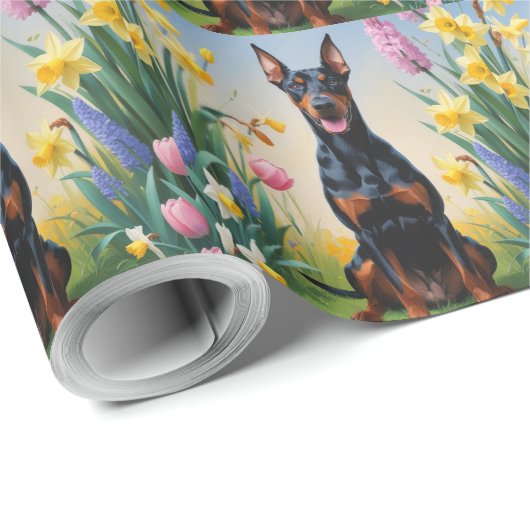 Doberman Dog Spring Blumen Malerei Geschenkpapier (Rolleneckpunkt)