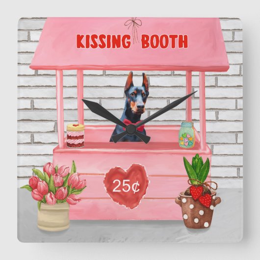 Doberman Dog Valentine's Day Kissing Booth Quadratische Wanduhr (Vorderseite)