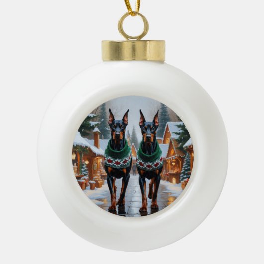 Doberman Dogs Christmas Snow Holiday Keramik Kugel-Ornament (Vorderseite)