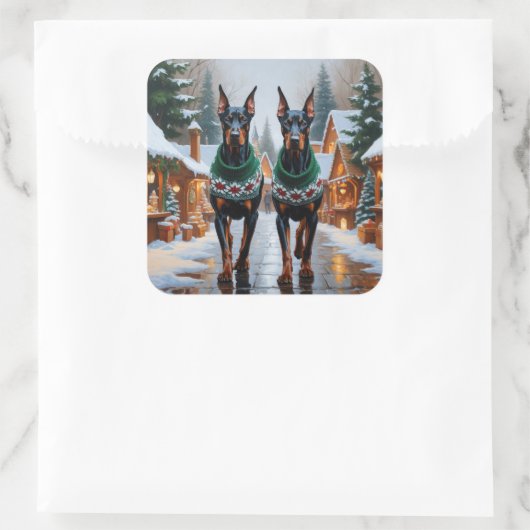 Doberman Dogs Christmas Snow Holiday Quadratischer Aufkleber (Tasche)