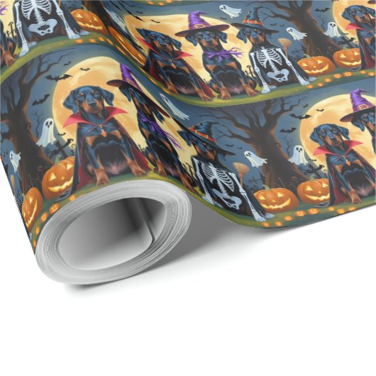 Doberman Dogs Pumpkin Halloween Funny Geschenkpapier (Rolleneckpunkt)
