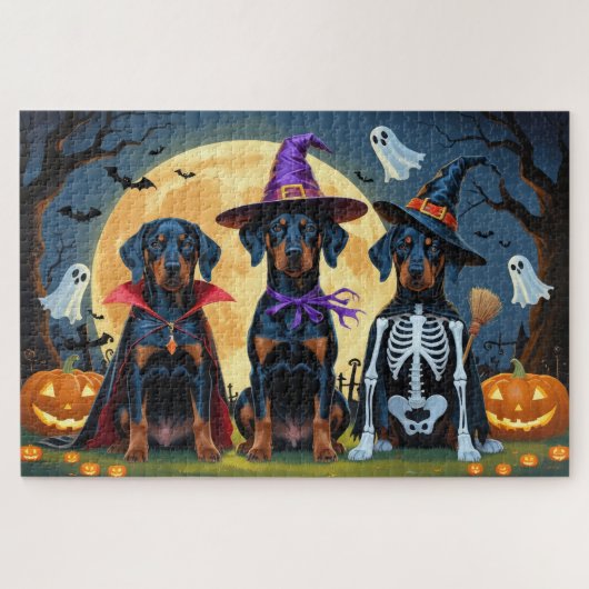 Doberman Dogs Pumpkin Halloween Funny Puzzle (Horizontal)