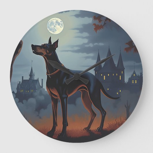 Doberman Halloween Beängstigend Große Wanduhr (Vorderseite)