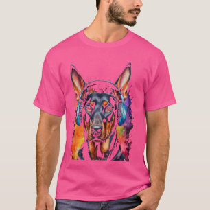 Doberman Headphones Dog Funny Animal Art Print Gra T-Shirt