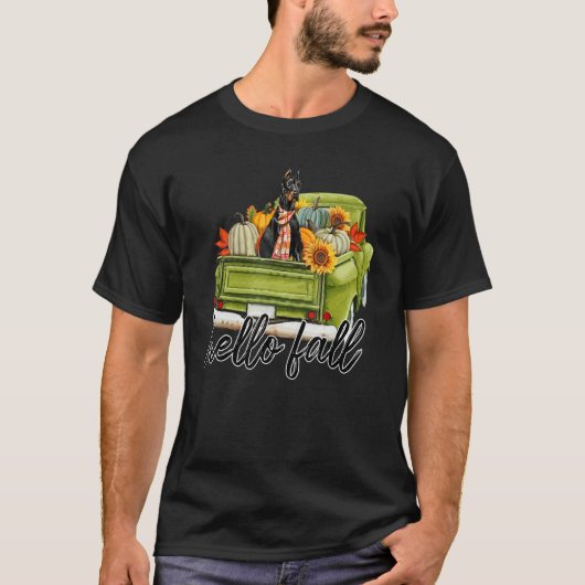 Doberman Hello Autumn Pumpkin Truck Fall Leaves Th T-Shirt (Vorderseite)