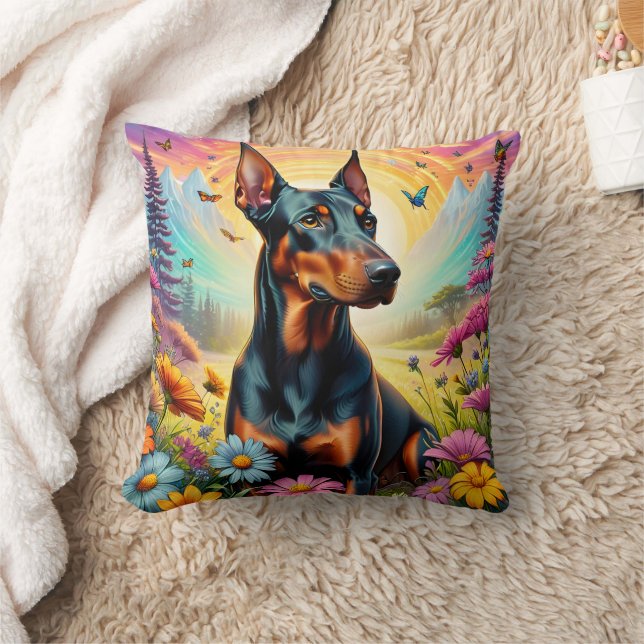 Doberman Hund, Blume und Bergwelt Kissen (Decke)