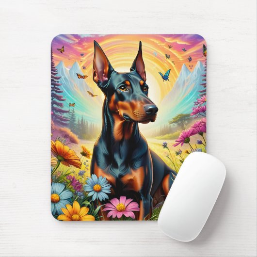 Doberman Hund, Blume und Bergwelt Mousepad (Mit Mouse)
