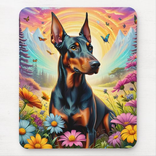 Doberman Hund, Blume und Bergwelt Mousepad (Vorne)