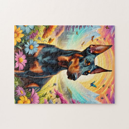 Doberman Hund, Blume und Bergwelt Puzzle (Horizontal)