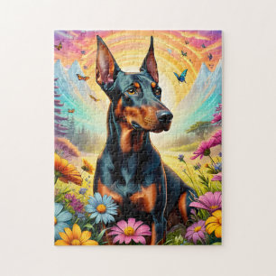Doberman Hund, Blume und Bergwelt Puzzle