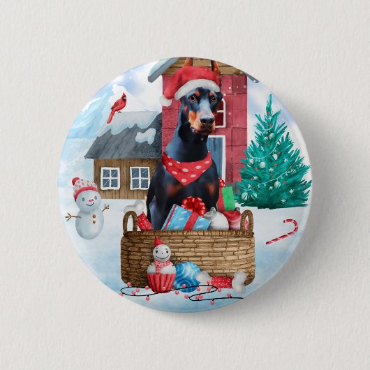 Doberman Hund im Schnee Weihnachtshundehaus Button (Vorderseite)