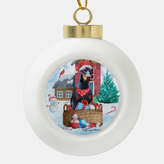 Doberman Hund im Schnee Weihnachtshundehaus Keramik Kugel-Ornament (Vorderseite)