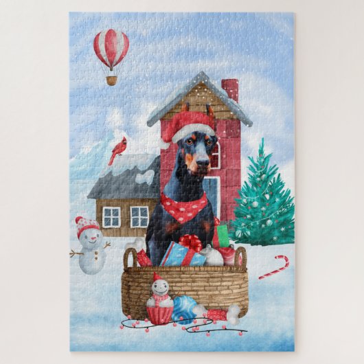 Doberman Hund im Schnee Weihnachtshundehaus Puzzle (Vertikal)