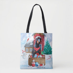Doberman Hund im Schnee Weihnachtshundehaus Tasche