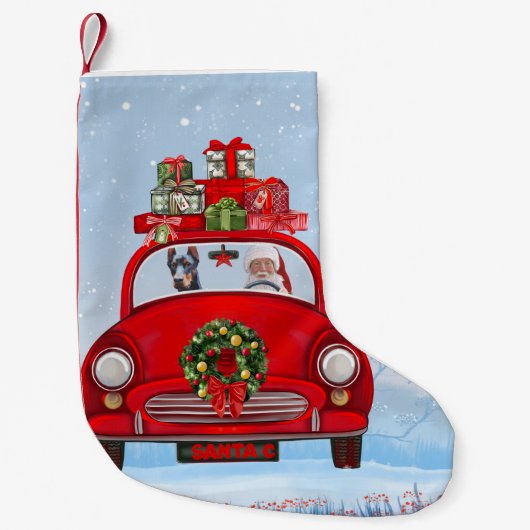 Doberman Hund in Auto mit dem Weihnachtsmann Kleiner Weihnachtsstrumpf (Vorderseite)