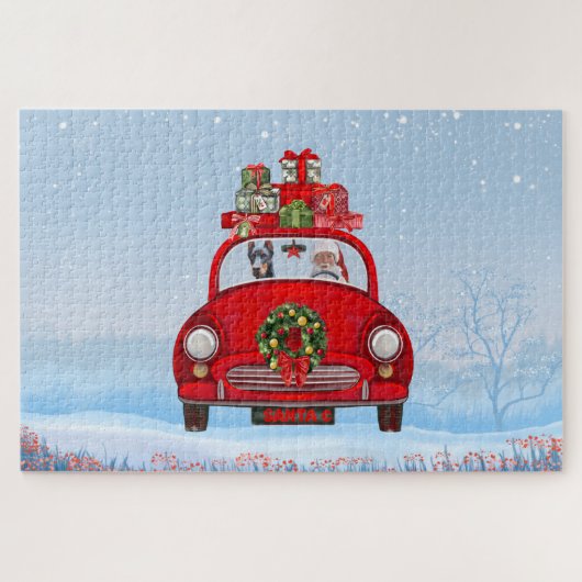 Doberman Hund in Auto mit dem Weihnachtsmann Puzzle (Horizontal)
