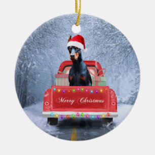Doberman Hund in Schnee sitzen im Weihnachtswagen Keramik Ornament